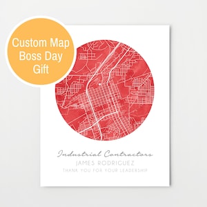 May include: A red watercolor map of a city with white lines showing the streets. The map is in a circle and has the text "Industrial Contractors" and "James Rodriguez" below it. The text "Thank you for your leadership" is below the name.