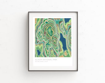 Acadia National Park map, watercolor print, topographic map, Maine gifts