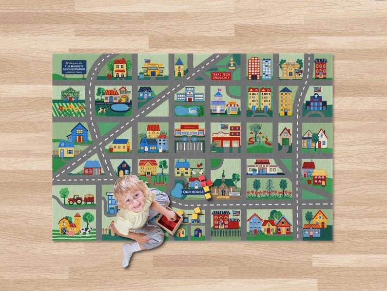 Town Rug Child Your Town Custom Map Play Rug, Child Car Play Mat, Made to Order, 4x6 ...