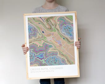 Crested Butte Colorado map, watercolor print, topographic map