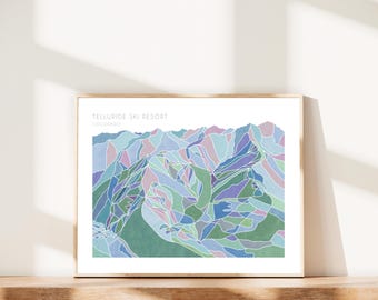 Telluride Colorado Ski Map, Hand-painted watercolor print