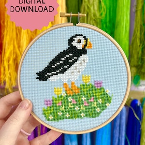 Könnte beinhalten: Kreuzstich-Stickerei eines Papageientauchers auf hellblauem Hintergrund, in einem Holzreifen. Der Vogel sitzt auf einer Wiese mit gelben und rosa Blumen. Ein rosa Kreis mit "DIGITALER DOWNLOAD" befindet sich oben links.