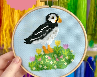 Puffin amongst Wildflowers  'Cross Stitch Pattern'