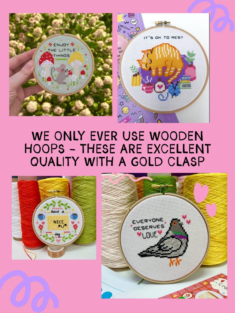 K&ouml;nnte beinhalten: Vier runde Stickrahmen aus Holz mit Kreuzstichmotiven: eine Maus mit Pilzen, eine schlafende orangefarbene Katze, ein Blumenmuster mit Text und eine Taube mit dem Text EVERYONE DESERVES LOVE. Jeder Rahmen verf&uuml;gt &uuml;ber einen goldenen Metallverschluss.