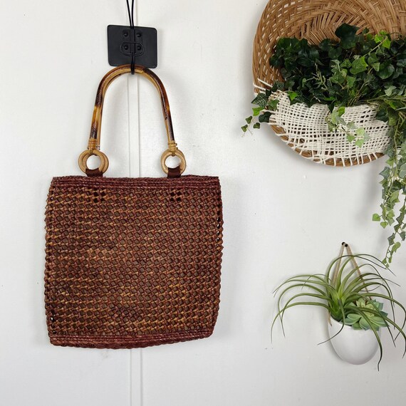 Vintage 1960s Crochet Straw Bamboo Handle Bag