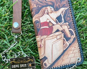 Bikers Lederen Portemonnee Dag van de Dode Roadking en Naam met Chain Gepersonaliseerde Custom Hand Tooled Art