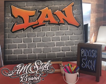 Custom Airbrush Graffiti Brick Wall Canvas Sign-In Board: Personalized Event Decor (24x36)