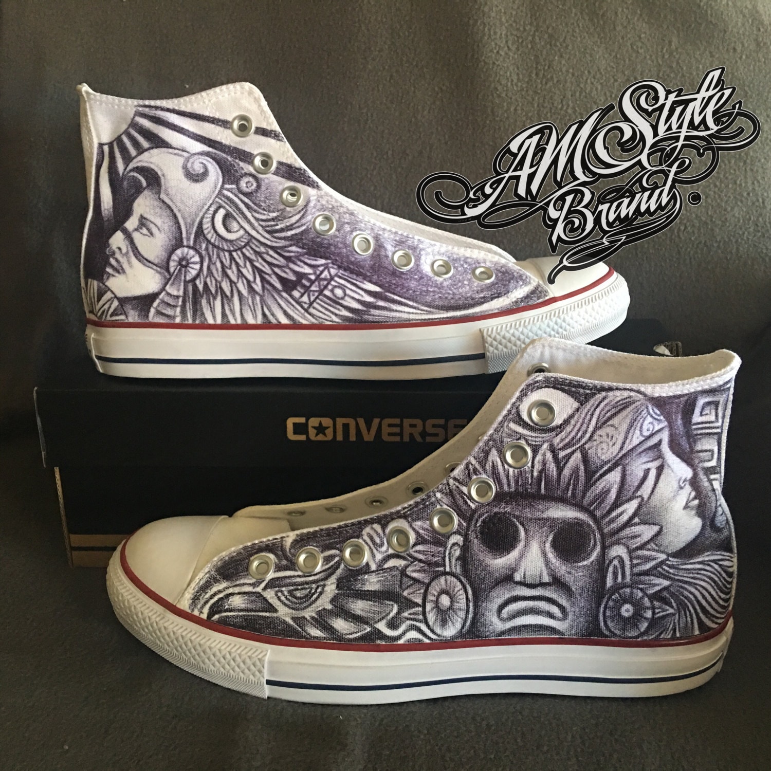 Converse Shoes Aztec Art Personalized With Pen Ink and Charcoal Etsy