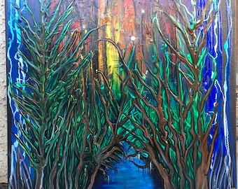 Origineel acryl Airbrush schilderij "Tiger bos" 24 x 30 doek klaar om op te hangen.