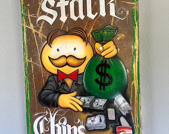 Stack Chips Original Pringle Man Painting with a Monopoly Theme 26x30 Canvas wall art