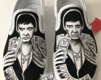 Custom Scarface-Inspired Hand-Drawn Vans Slip-Ons – Personalized Pen & Charcoal Artwork