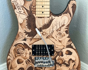 One-of-a-Kind 39 Electric Guitar with Hand-Tooled Genuine Leather Art – Skulls, Day of the Dead, Roses, Tattoo-Inspired Design – Unique Gift
