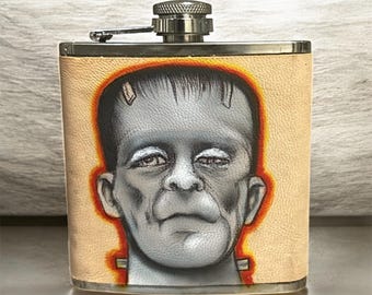 Custom Airbrushed Frankenstein Leather wrapped flask - Hand Painted