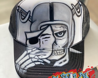 Custom Airbrush Trucker Hat | Raiders Theme | Personalized Team Hats | Sports Fan Gifts | Customizable Trucker Caps | Bulk Orders Welcome