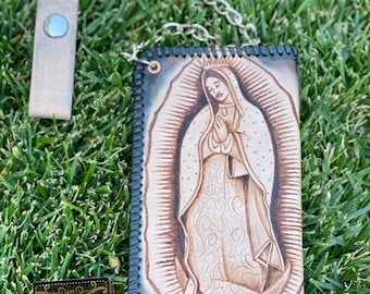 Bikers Lederen Portemonnee Virgin Mary en naam met chain gepersonaliseerde aangepaste hand tooled art
