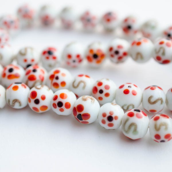 9mm Rare Vintage Japanese Cherry Brand Glass Beads, White with Black, Orange, Red, Gold Pattern Round - Your Choice of Set
