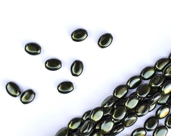 8x6 mm Pine Green AB Finish Czech Glass Flat Oval Beads, 17 Pcs