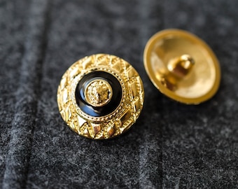 Botones vintage de metal dorado de 23 mm y 18 mm con detalle de esmalte negro y cara de león en el centro - Botones de metal chapados en oro