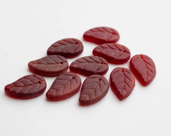 14x9mm Matte Maroon Red Czech Glass Beads - Carved Flat Leaves - 10 pieces