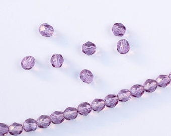 6mm Faceted Czech Glass Beads, Fire-polished Glass, Light Purple Lilac, 24 pcs