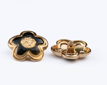 26mm, Vintage Gold Metal Floral Shank Buttons with Black Enamel Accent