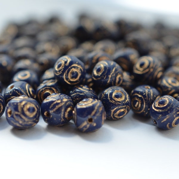 7mm Dark Navy Blue Golden Swirls Czech Glass Beads, Golden Inlays, Round, Bohemian, 10 Beads