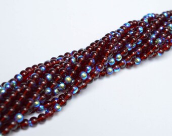 4mm Garnet Czech Glass Beads, AB finish, Round Spacers, Druk - 14.5" strand, approx. 98-100 Beads