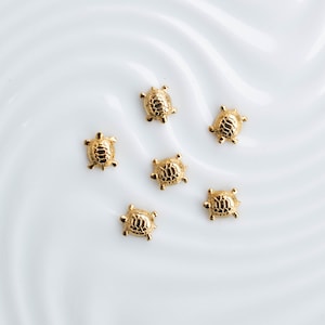 May include: Six gold turtle charms on a white background. The turtles are arranged in a semi-circle.
