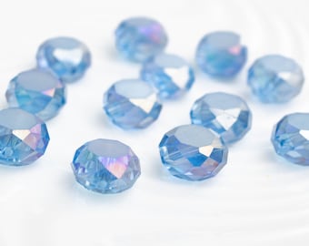 13mm Vintage Light Blue Fire-polished Czech Glass Beads - Faceted Rondelle, 12 Beads