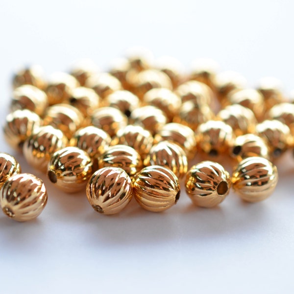 8mm Gold Plated Corrugated Metal Beads, Gold Tone Spacers, Gold Plated Round
