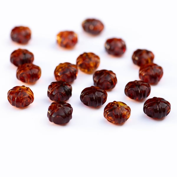 10x7mm Caramel Brown Vintage Lucite Amber Carved Puffy Beads, 25 Pcs
