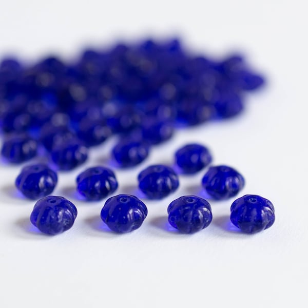 8mm Cobalt Blue Czech Glass Flower Rondelle Beads, Spacer Bead, 24 pcs