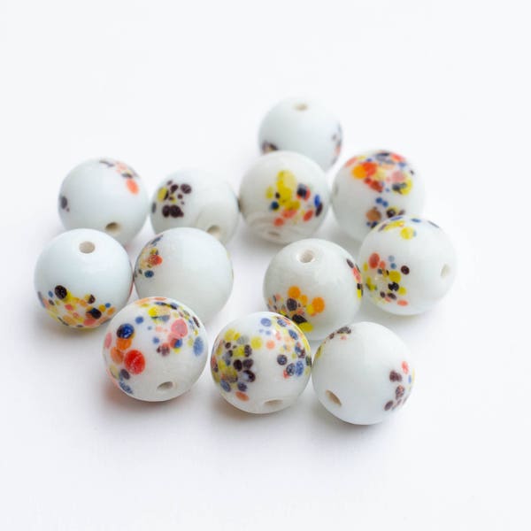 10x9mm Vintage Japanese Cherry Brand Glass Beads, White with Multicilor Dots Round Beads - Your Choice of Set