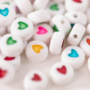 7mm Plastic Rondelle Beads in White with Colorful Heart Design on Both Sides, Assorted Set, 72 Pcs