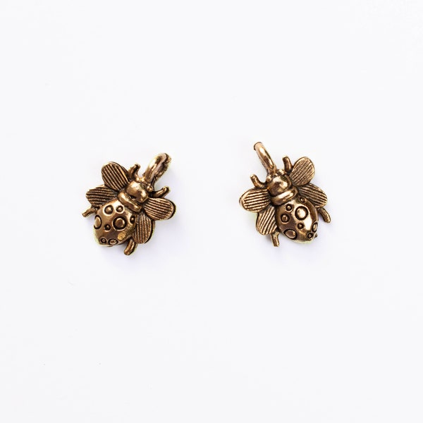 Ladybug Antiqued Gold Tone Metal Charms, Beads, Bug Beads, 6 Pcs