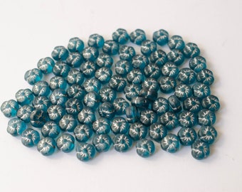 10mm Opaque Teal Czech Glass Flower Beads, Czech Pressed Glass, Matte Teal Czech Glass Carved Flower Beads - 25 pcs