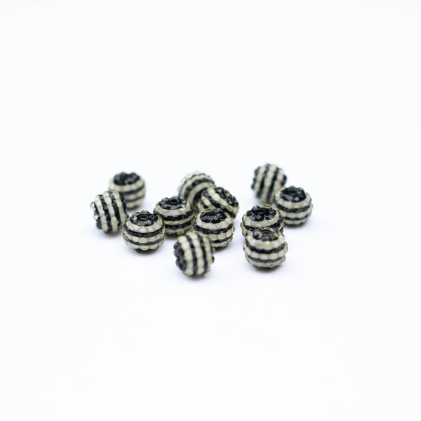 13x11mm Black & White Textured Acrylic Vintage Beads, Stripped Bumpy, 12 pcs