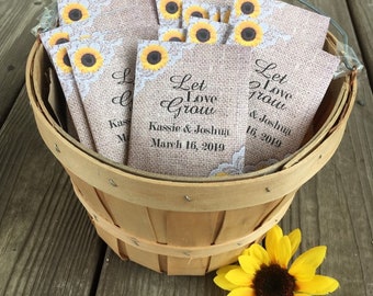 Personalized seed packet wedding favors with Sunflower Burlap and lace