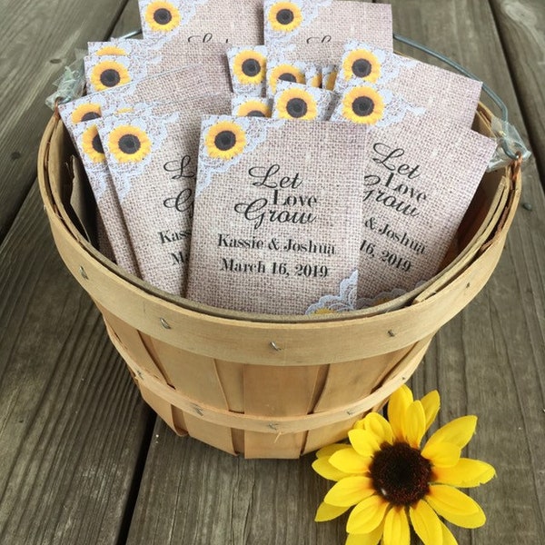 Personalized seed packet wedding favors with Sunflower Burlap and lace