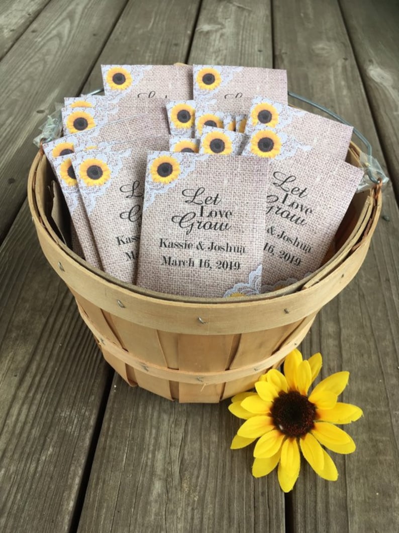 Personalized seed packet wedding favors with Sunflower Burlap and lace image 1