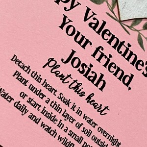 May include: A pink Valentine's Day card with black text that reads "Happy Valentine's, Your friend, Josiah, Plant this heart." Instructions are included for planting the heart-shaped seed paper to grow wildflowers.