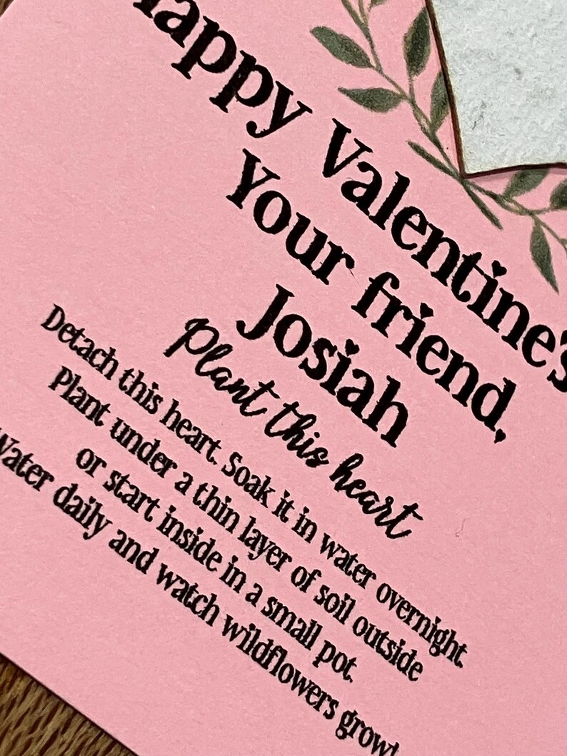 May include: A pink Valentine's Day card with black text that reads "Happy Valentine's, Your friend, Josiah, Plant this heart." Instructions are included for planting the heart-shaped seed paper to grow wildflowers.