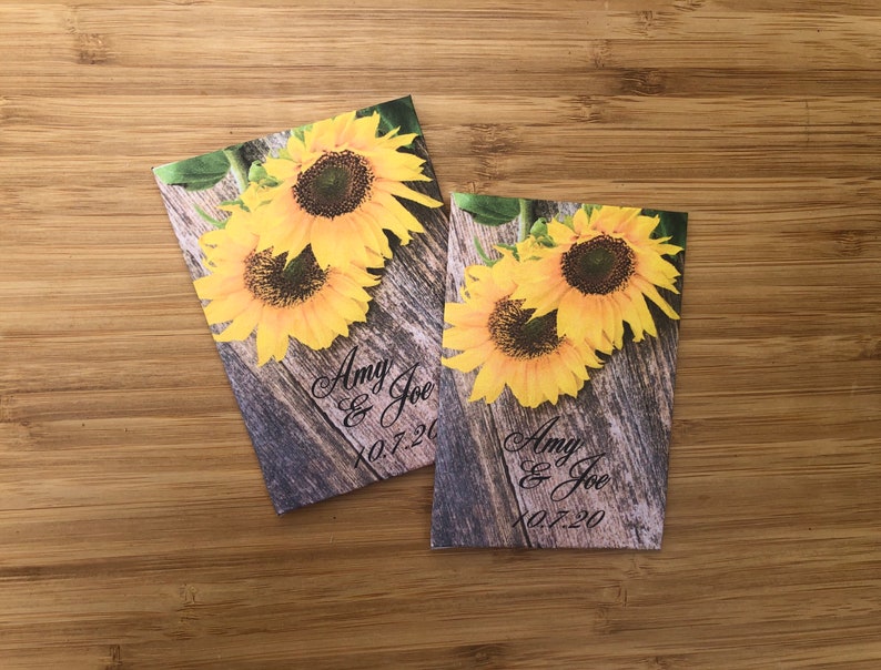 50 Sunflower seed packets, rustic sunflower favors, Sunflower and wood, rustic wood gift, personalized wood favors, sunflowers and wood image 2