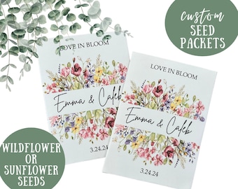 custom wildflower seed packet favors, love is bloom favors, love in bloom favors