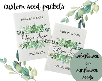 floral baby shower favors, greenery baby shower favors, baby shower seed packets with greenery, flower seeds packets