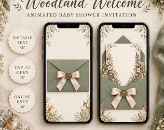 Woodland Baby Shower Invitation Website with RSVP | Animated Forest Envelope, Editable Gender Neutral Digital Invite