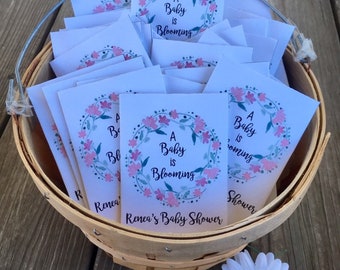 Personalized Seed packets for baby shower favors, pink floral wreath