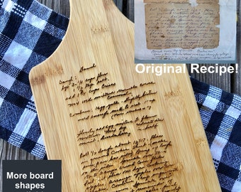 Personalized recipe cutting board, handwriting gift, handwritten recipe, bamboo cutting board, paddle cutting board, engraved gift