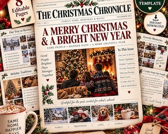 Editable Christmas Family Newspaper Template | 8-Page Holiday Keepsake (Canva)