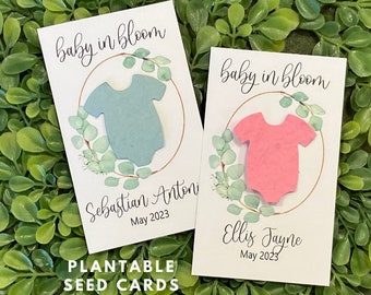 eucalyptus baby shower favors, eco friendly baby shower favors, seed cards, plantable seed cards for a baby shower, custom baby shower favor